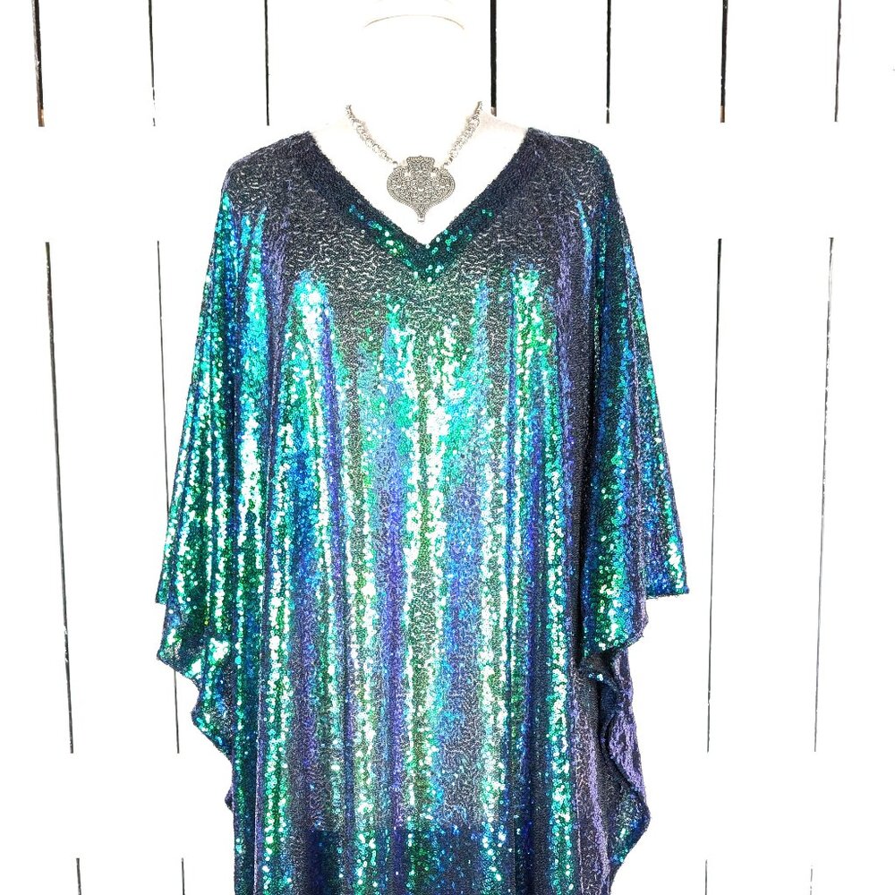 Iridescent green sequins kimono caftan cover up tunic dress
